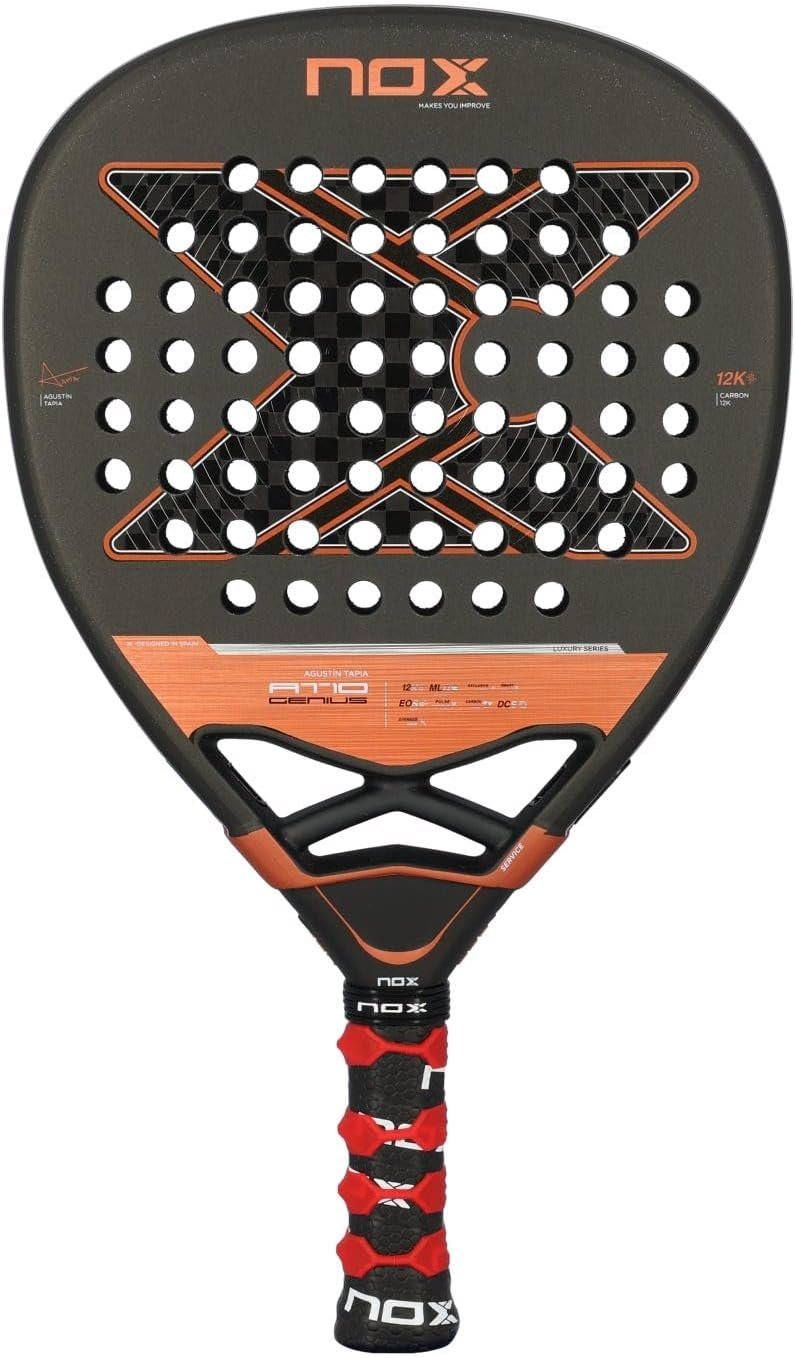 Nox AT10 Genius Attack 12K 2025 padel racket, black with orange pattern and red grip